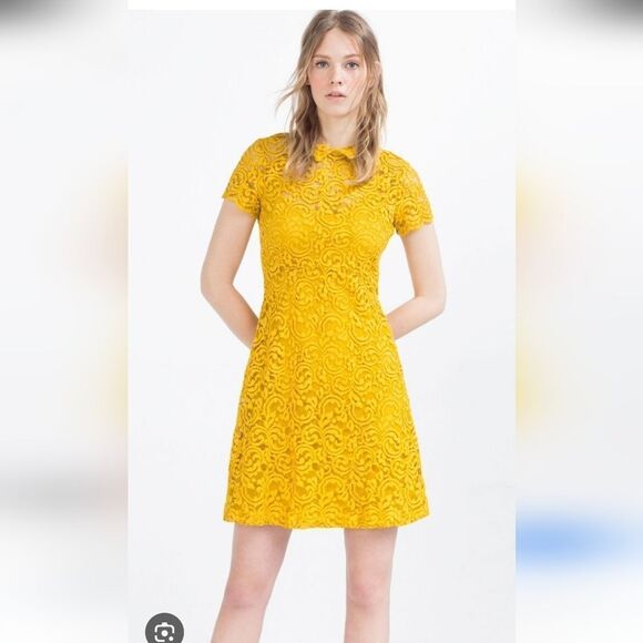Zara Yellow Lace Mini Dress - Picture 1 of 7